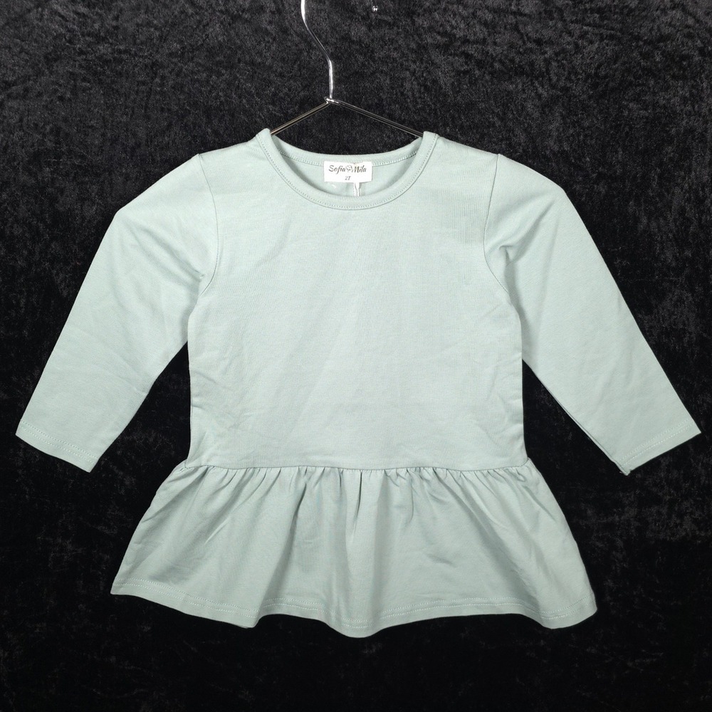 Sofia Mila Toddler Girls Sage Green Long Sleeve Peplum Ruffle Top Size 2T NWT